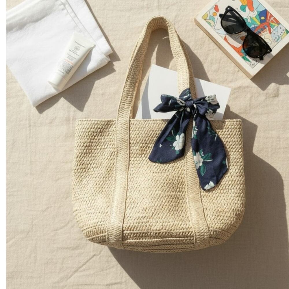 Draper James Everyday Straw Tote Bag Navy Magnolia Scarf OS
